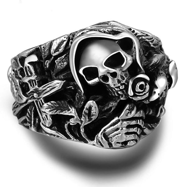 Gothic Skull, Cross, Flower & Howling Eagle Pure Thai 925 Sterling Silver Vintage Ring