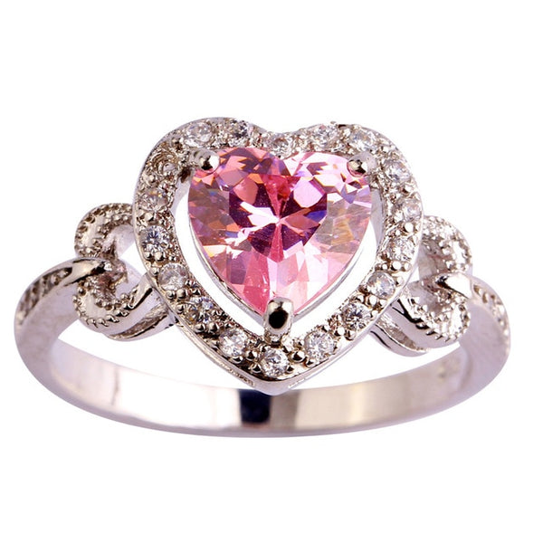 Pink & White Heart Cubic Zirconia 925 Sterling Silver Engagement Ring