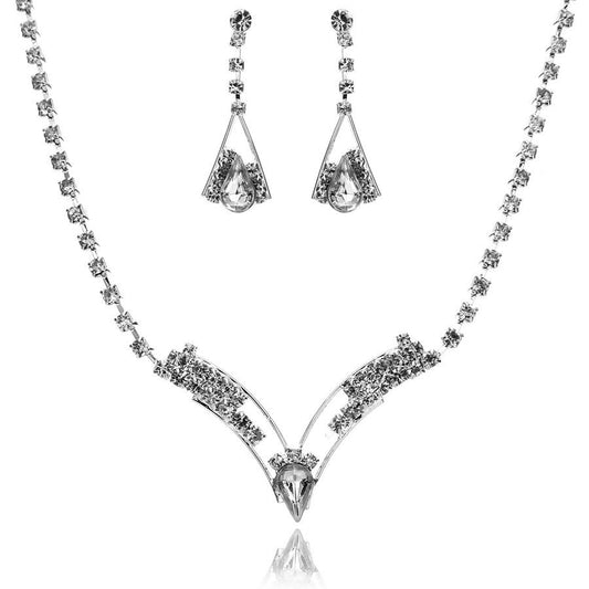 Rhinestone & Crystal V-Shaped Necklace & Earrings Jewelry Set