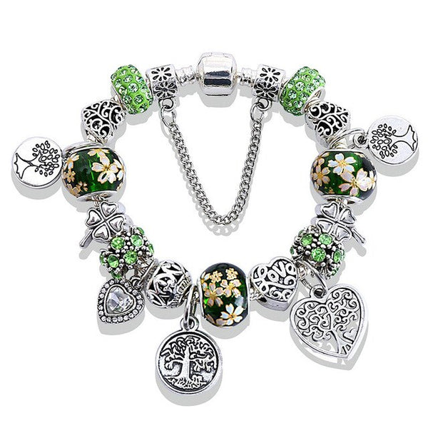 Fashion Green Tree of Life Crystal Beaded Charm Bracelet