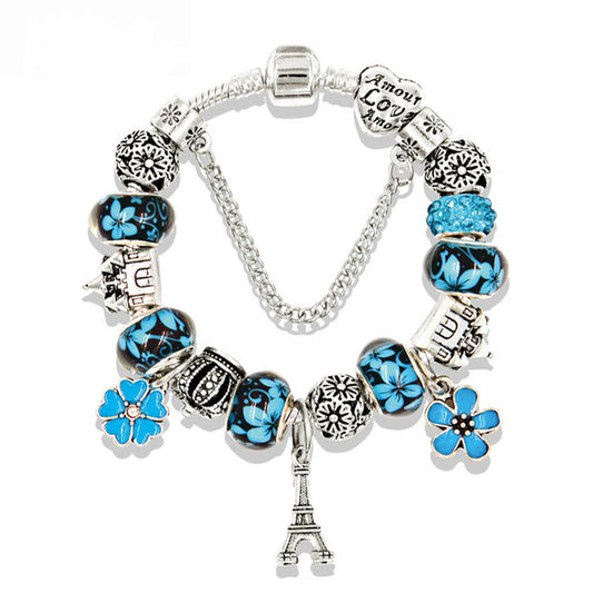 Silver Tower, Castle, Heart, Flower & Crown Charm Bracelet