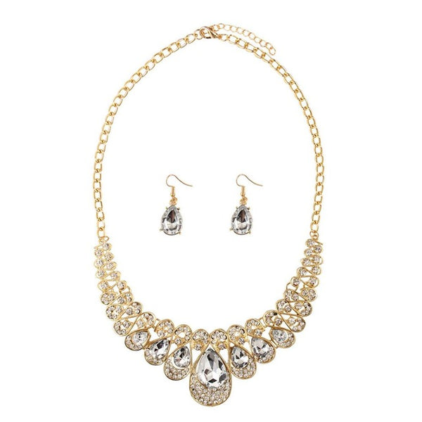 Peafowl Crystal & Gold Necklace & Earrings Jewelry Set