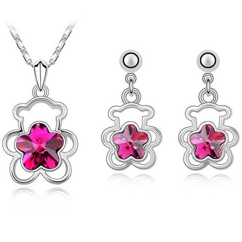 Crystal Flower and Bear Necklace & Earrings Jewelry Set