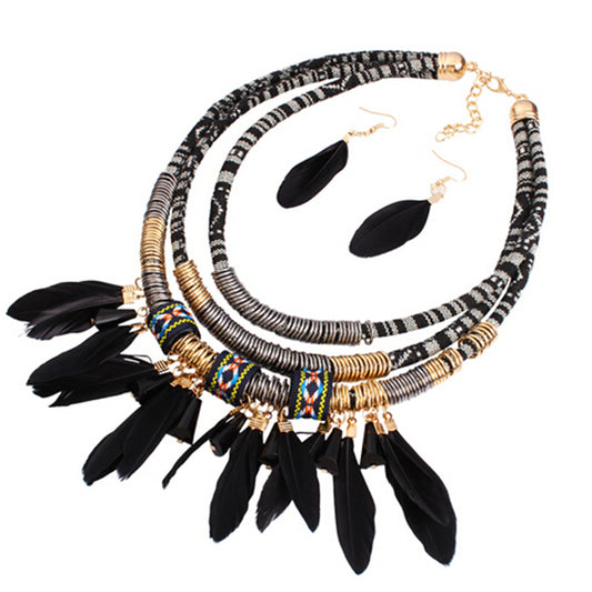 Ethnic Feather Tassel Multilayer Necklace & Earrings African Jewelry Set
