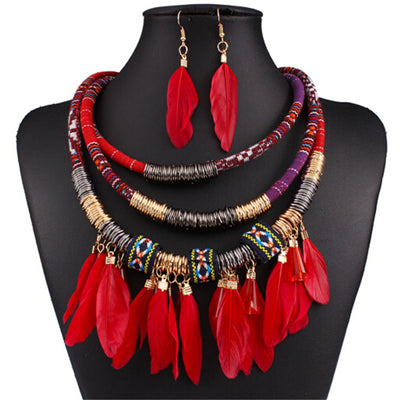 Ethnic Feather Tassel Multilayer Necklace & Earrings African Jewelry Set