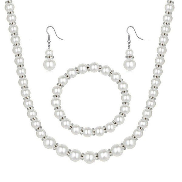 Pearl & Crystal Necklace, Bracelet & Earrings Jewelry Set