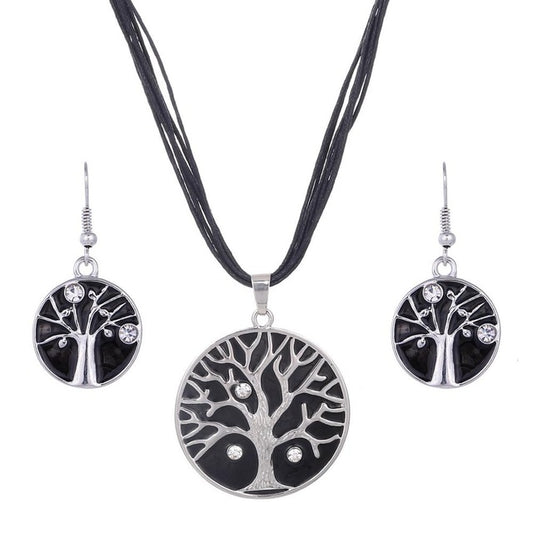 Crystal Gem Tree of Life Leather Chain Necklace & Earrings Jewelry Set