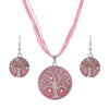 Crystal Gem Tree of Life Leather Chain Necklace & Earrings Jewelry Set