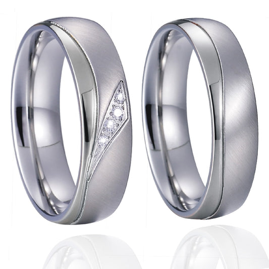 Silk-brushed Silver Titanium Steel and Cubic Zirconia Wedding Ring Set
