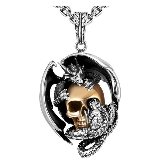 Gold Plated Skull with Dragon 925 Sterling Silver Biker Vintage Pendant Necklace