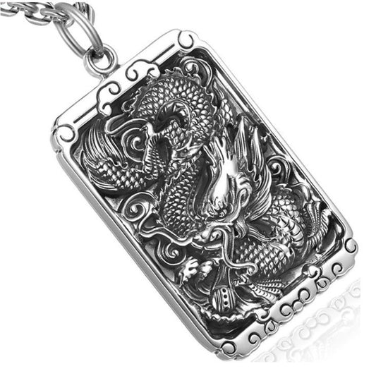 Dragon & Six Words Mantra 925 Sterling Silver Square Biker Vintage Pendant Necklace