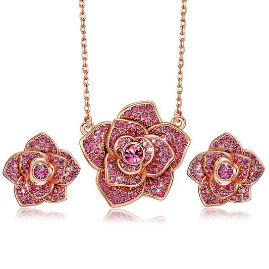 Crystal Rose Flower Necklace & Earrings Jewelry Set