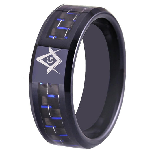 8mm Freemason Carbon Fiber Tungsten Carbide Wedding Band