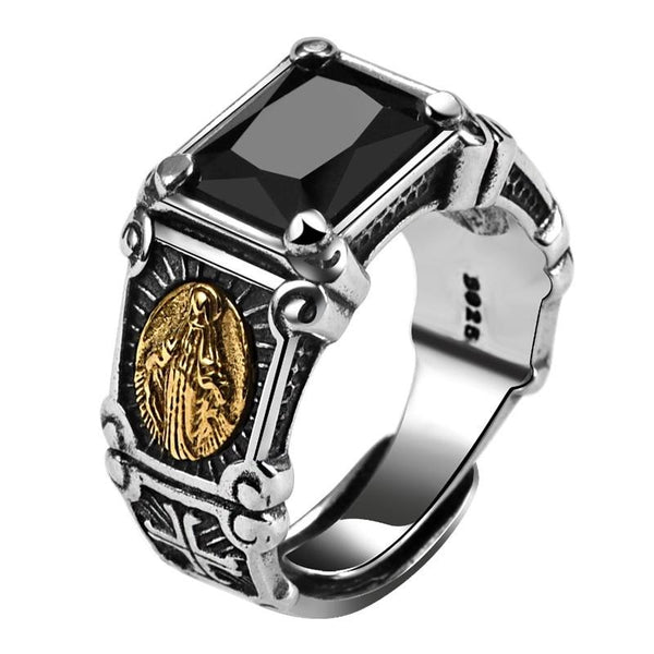 Black Cubic Zirconia Gold Plated  Virgin Mary 925 Sterling Silver Vintage Ring