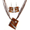 Multilayer Leather Chain Crystal Square Pendant Necklace & Earrings Jewelry Set