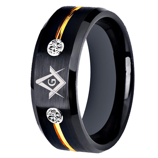 8mm Cubic Zirconia Golden Groove Black Tungsten Carbide Wedding Band