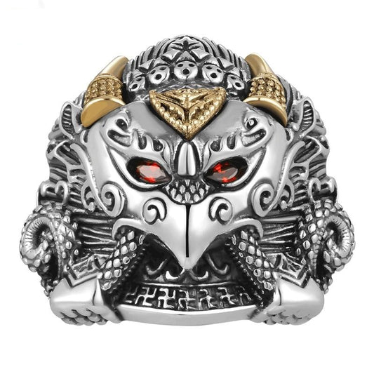 Buddha Garuda Red Cubic Zirconia 925 Sterling Silver Biker Adjustable Ring