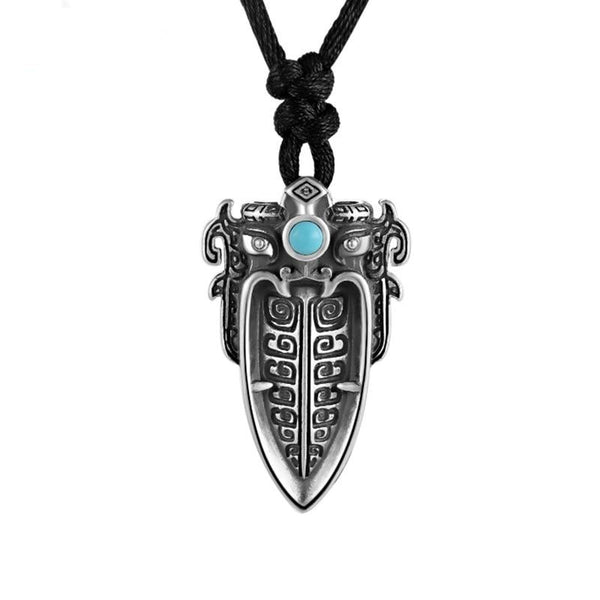 Chinese Mythical Taotie with Artificial Turquoise Inlay 925 Sterling Silver Biker Pendant Necklace