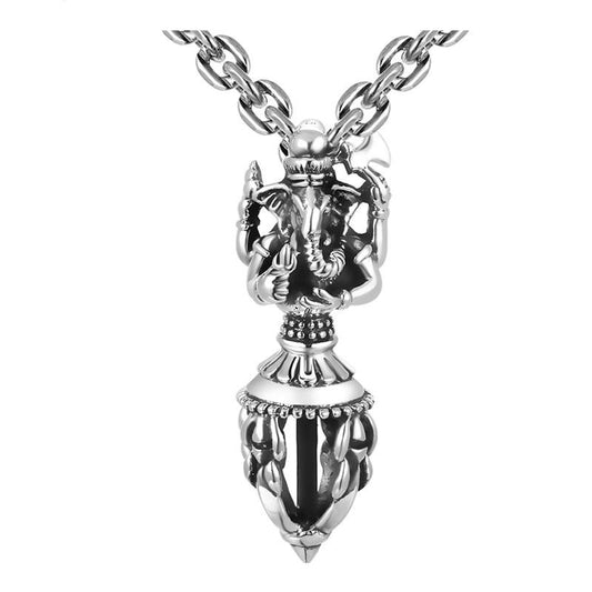 Indian Ganesha 925 Sterling Silver Biker Vintage Pendant Necklace