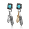 Feathers & Turquoise Stone 925 Sterling Silver Vintage Long Stud Earrings