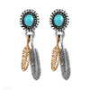 Feathers & Turquoise Stone 925 Sterling Silver Vintage Long Stud Earrings