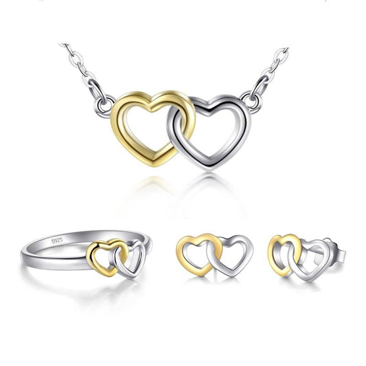 Double Heart 925 Sterling Silver Necklace, Earrings & Ring Wedding Jewelry Set