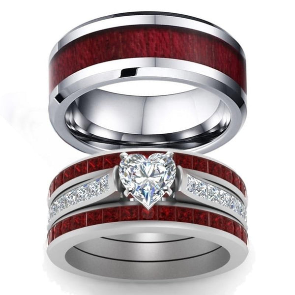 His & Hers Matching Ring Set with Koa Wood Inlay and Heart Shaped Zirconia