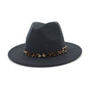 Leopard Grain Leather Decor Handmade Wide Brim Wool Felt Fedora Hat
