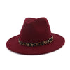 Leopard Grain Leather Decor Handmade Wide Brim Wool Felt Fedora Hat