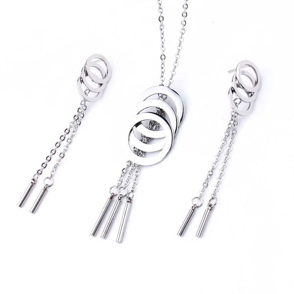 Silver Tassel Stainless Steel Fashion Wedding Earrings & Necklace Jewelry Set