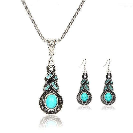 Tibetan Silver Crystal & Turquoise Chain Pendant Necklace & Earrings Jewelry Set