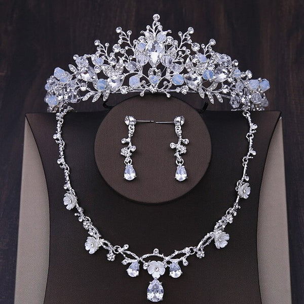 Baroque Handmade Crystal, Beads and Rhinestone Tiara, Necklace & Earrings Jewelry Set