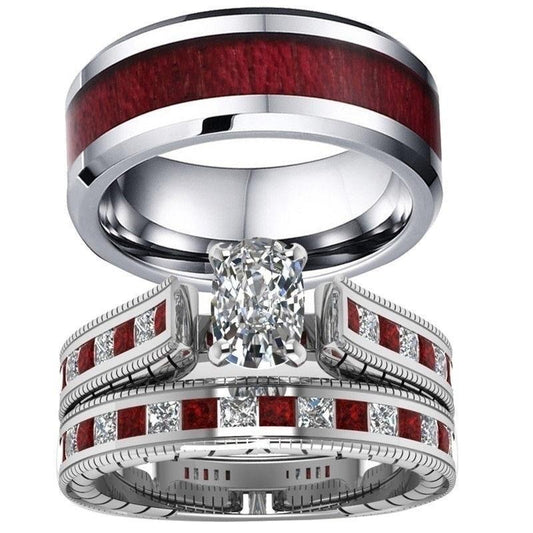 Red Koa Wood Inlay and Crystal Rhinestones Wedding Matching Ring Set
