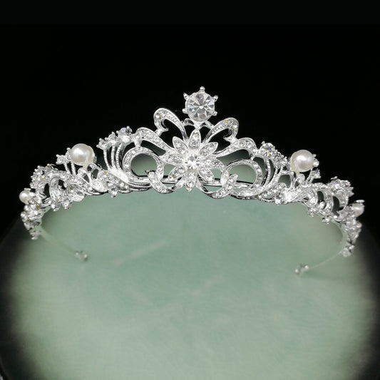 Silver and White Crystal Tiara Crown with Pearls and Flower Diadem