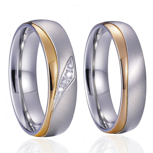 Silk-brushed Silver & Gold-plated Titanium Steel and Cubic Zirconia Wedding Bands Set