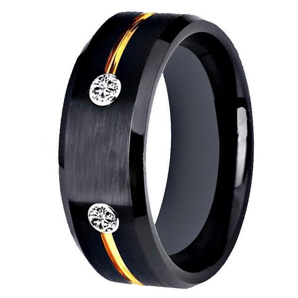 Cubic Zirconia Brushed Matte with Golden Groove Black Tungsten Carbide Wedding Band