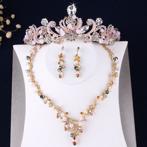 Baroque Retro Pink Crystal, Beads & Flowers Tiara, Necklace & Earrings Jewelry Set
