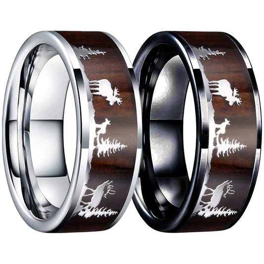 8mm Deer Stag Wood Inlay Stainless Steel Wedding Rings