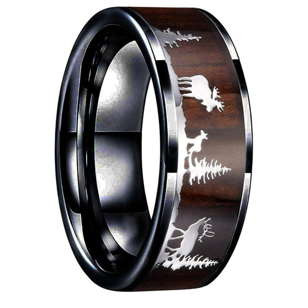 8mm Deer Stag Wood Inlay Stainless Steel Wedding Rings