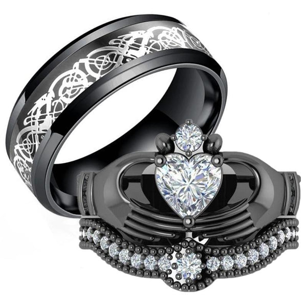 Silver & Black Celtic Dragon and Zircon Claddagh Engagement Wedding Ring Set