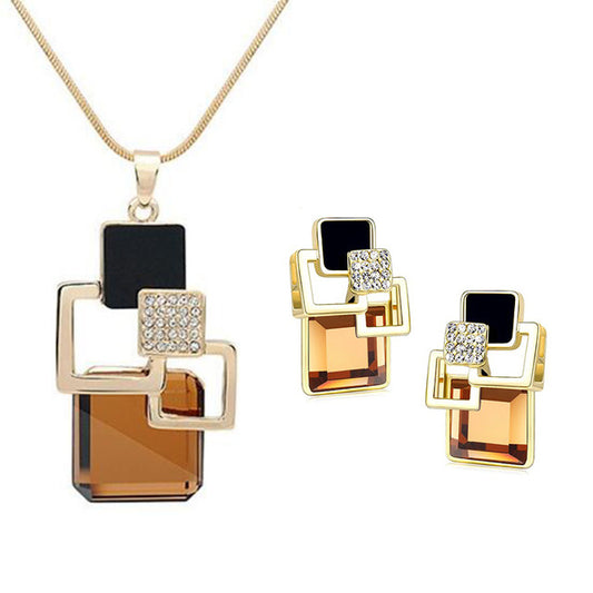 Classic Rhinestone and Crystal Geometric Square Necklace & Stud Earrings Jewelry Set