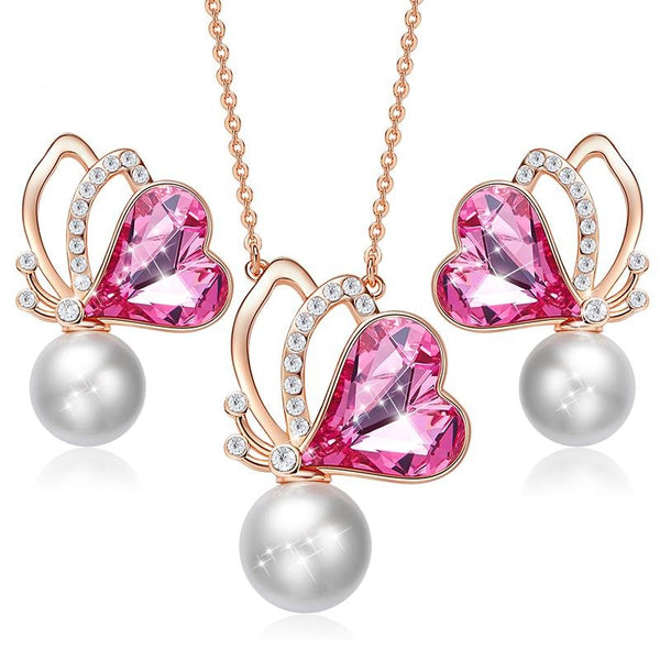 Crystal Heart Rose Gold Butterfly Necklace & Earrings Jewelry Set