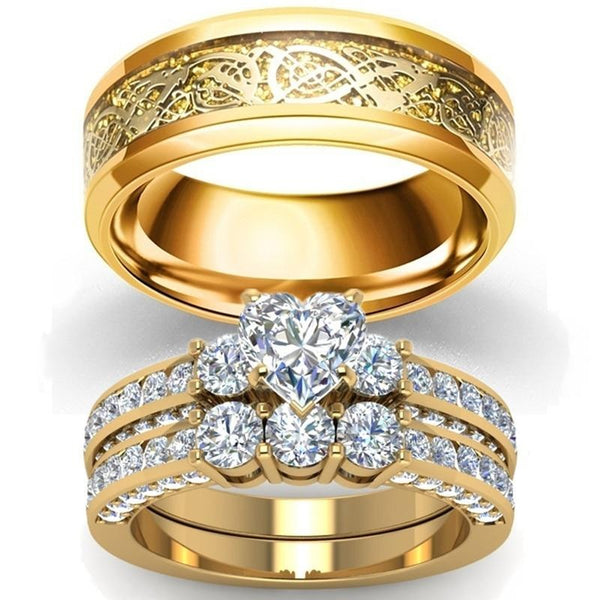White Heart Zircon and Gold-plated Tungsten Carbide Celtic Dragon Wedding Ring Set