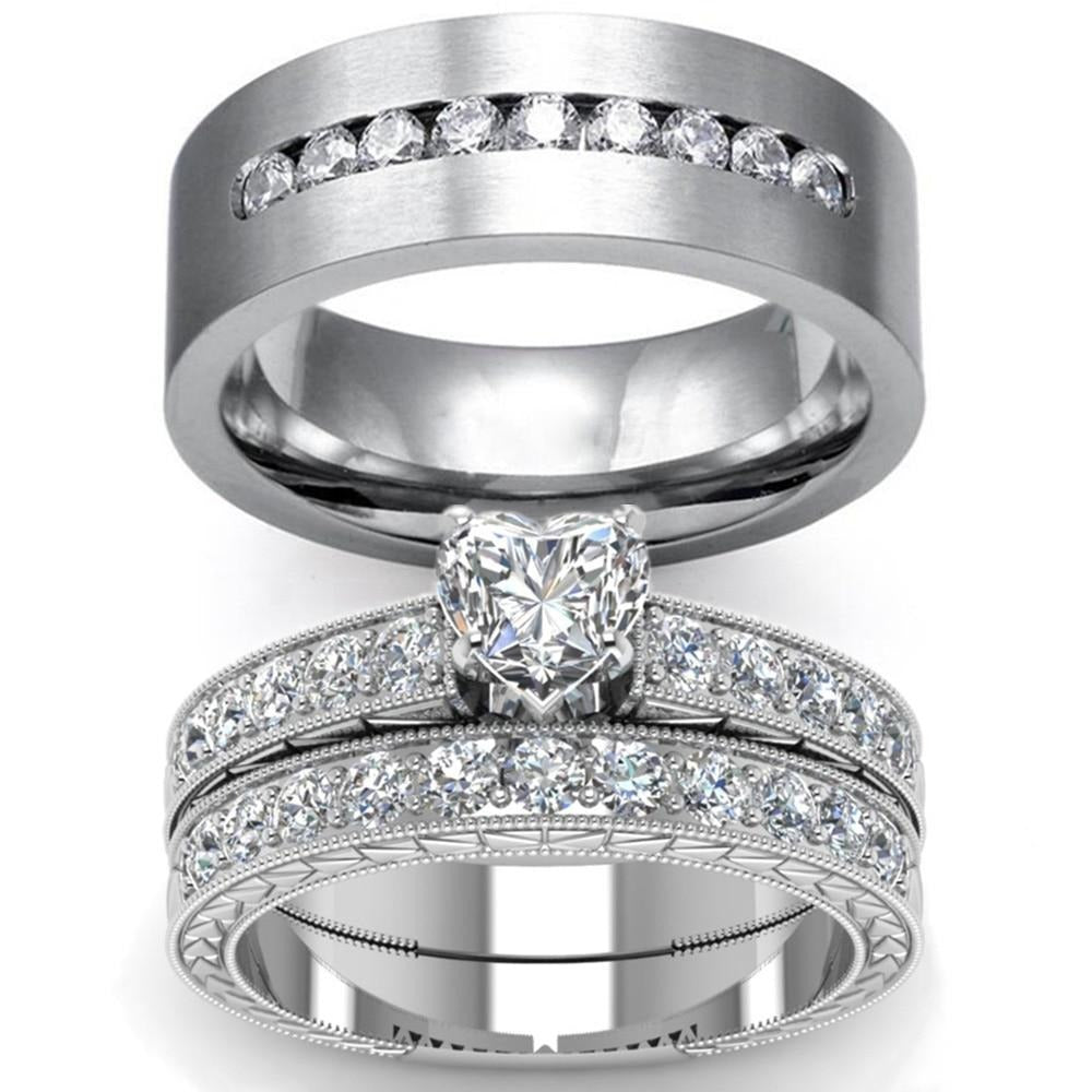 Titanium Band and Heart Zircona Engagement Wedding Ring Set – Innovato ...