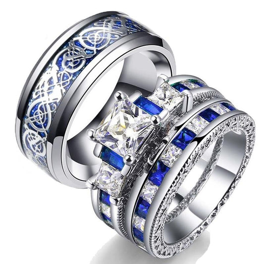 His & Hers Wedding Bands Blue and Silver Celtic Dragon Inlay and Zirconia Rings Set