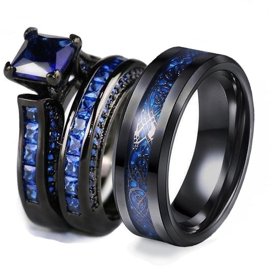 8mm Black Celtic Dragon Inlay and Blue Zircon Rhinestones Wedding Ring Set