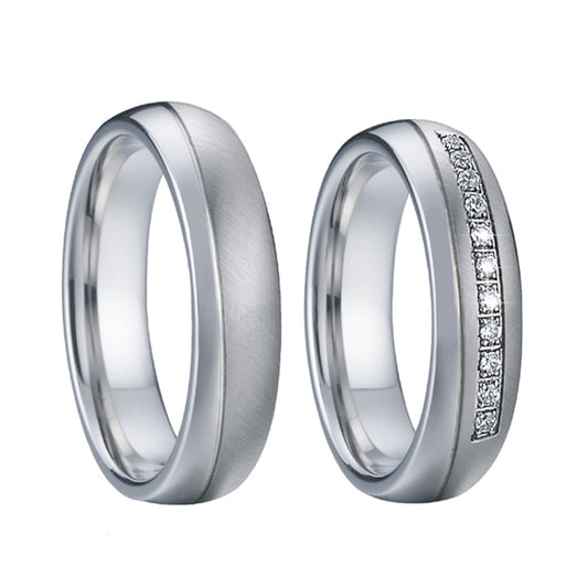 His & Hers Wedding Bands – Silk-brushed Matte Titanium Steel and Cubic Zirconia Rings Set