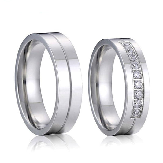 His & Hers Wedding Bands – Polished Titanium Steel and Cubic Zirconia Rings Set