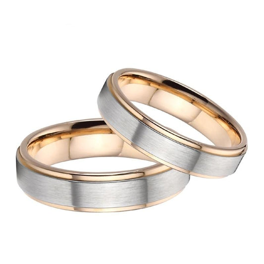 Brushed Matte Silver Titanium Steel with Gold-plated Edges Wedding Bands