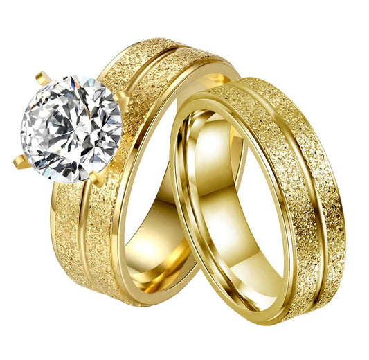 His & Hers Wedding Bands Golden Double-Row Frosted and Cubic Zirconia Rings